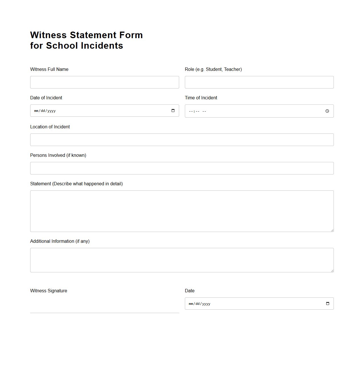 Witness Statement Form for School Incidents
