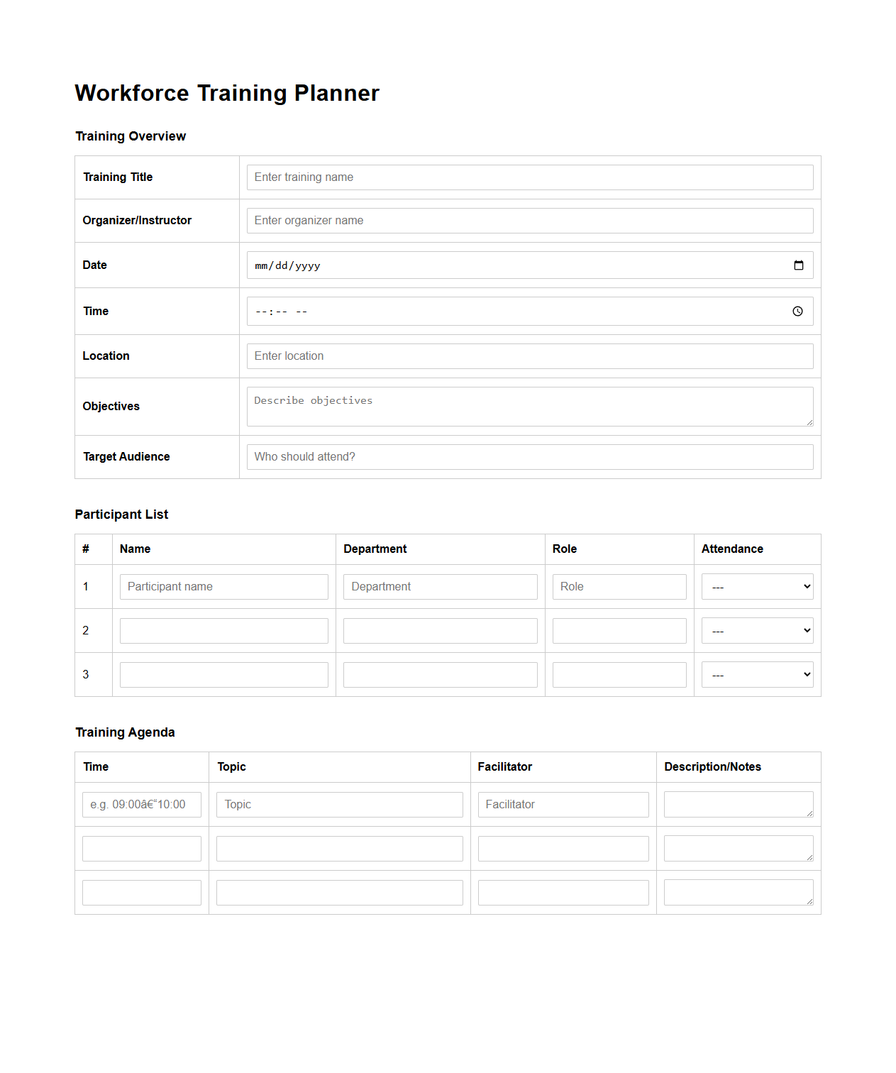 Workforce Training Planner Template