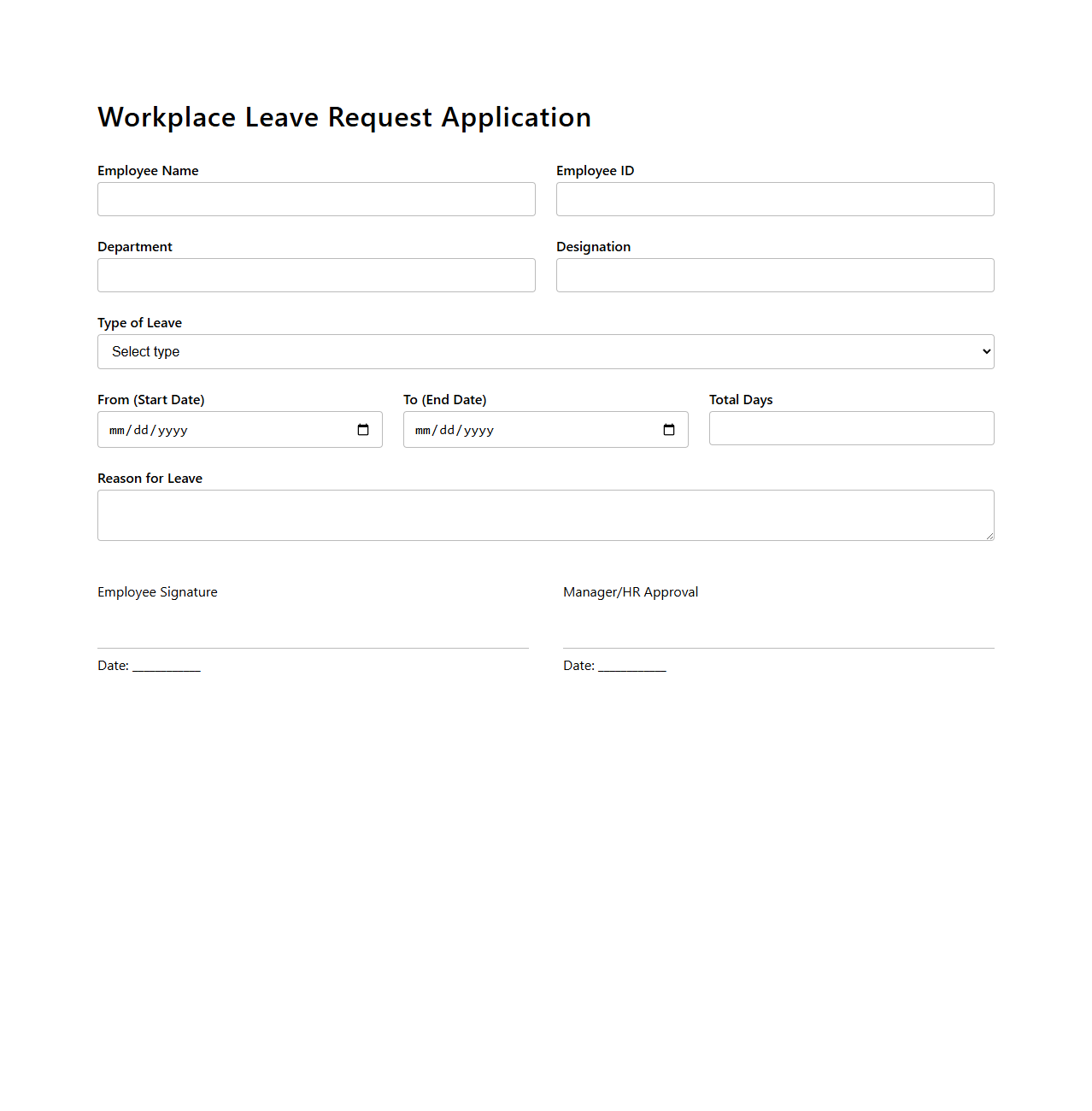 Workplace Leave Request Blank Application Template
