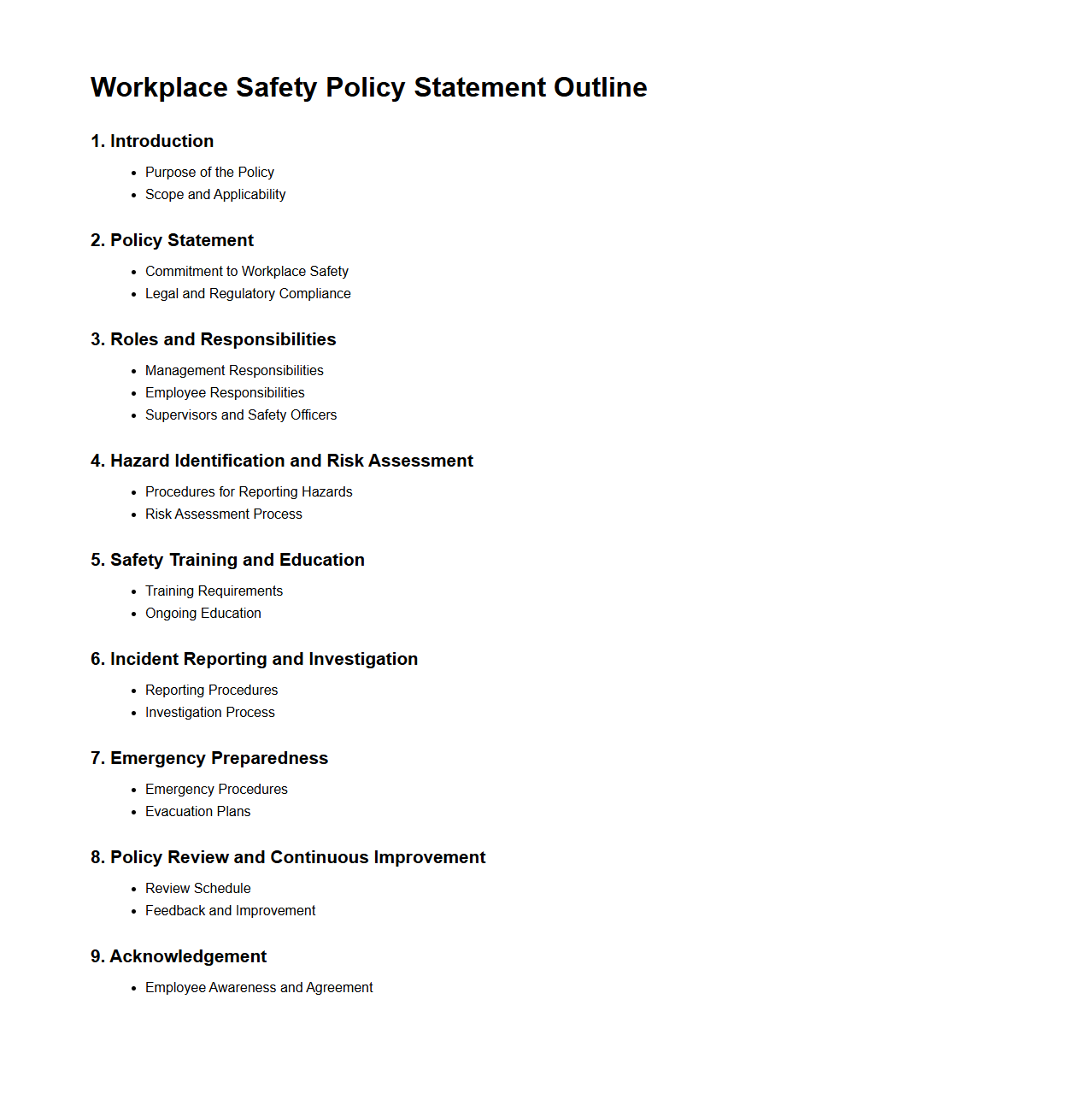 Workplace Safety Policy Statement Outline