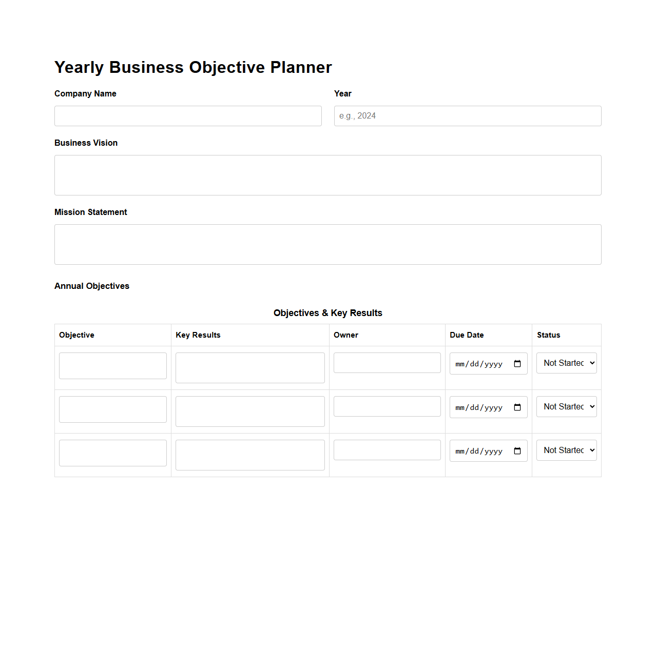 Yearly Business Objective Planner