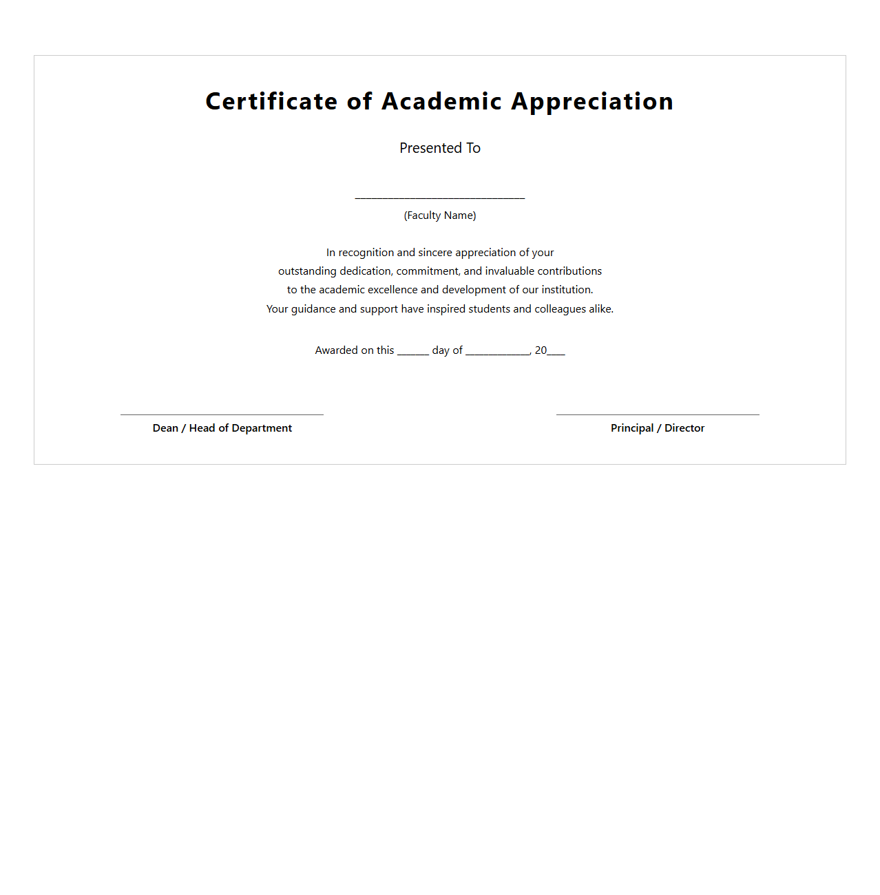 Academic Appreciation Certificate for Faculty