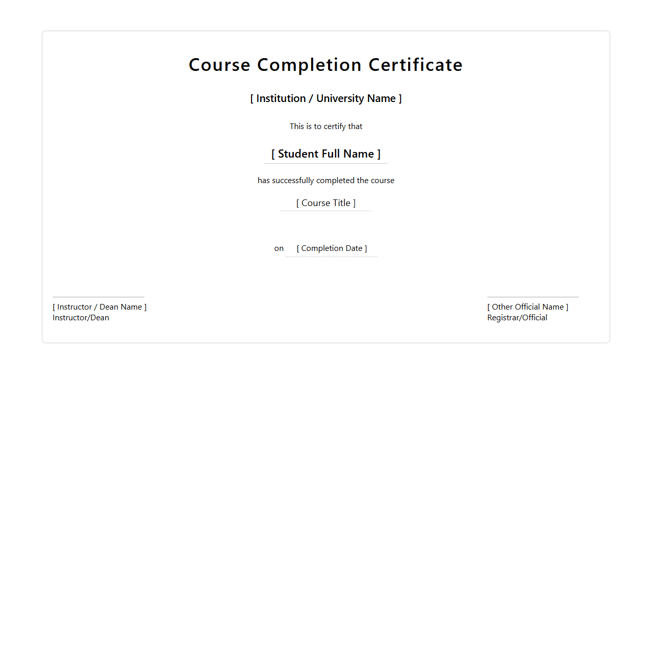 Academic Course Completion Certificate Outline