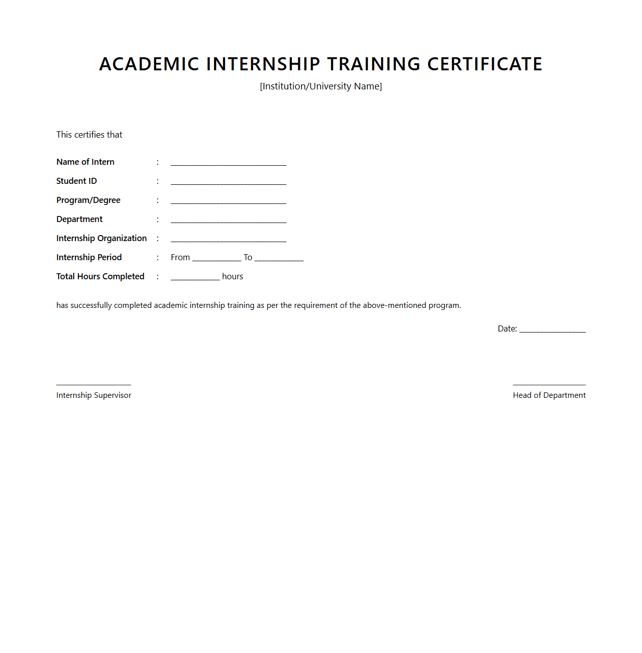 Academic Internship Training Certificate Blueprint