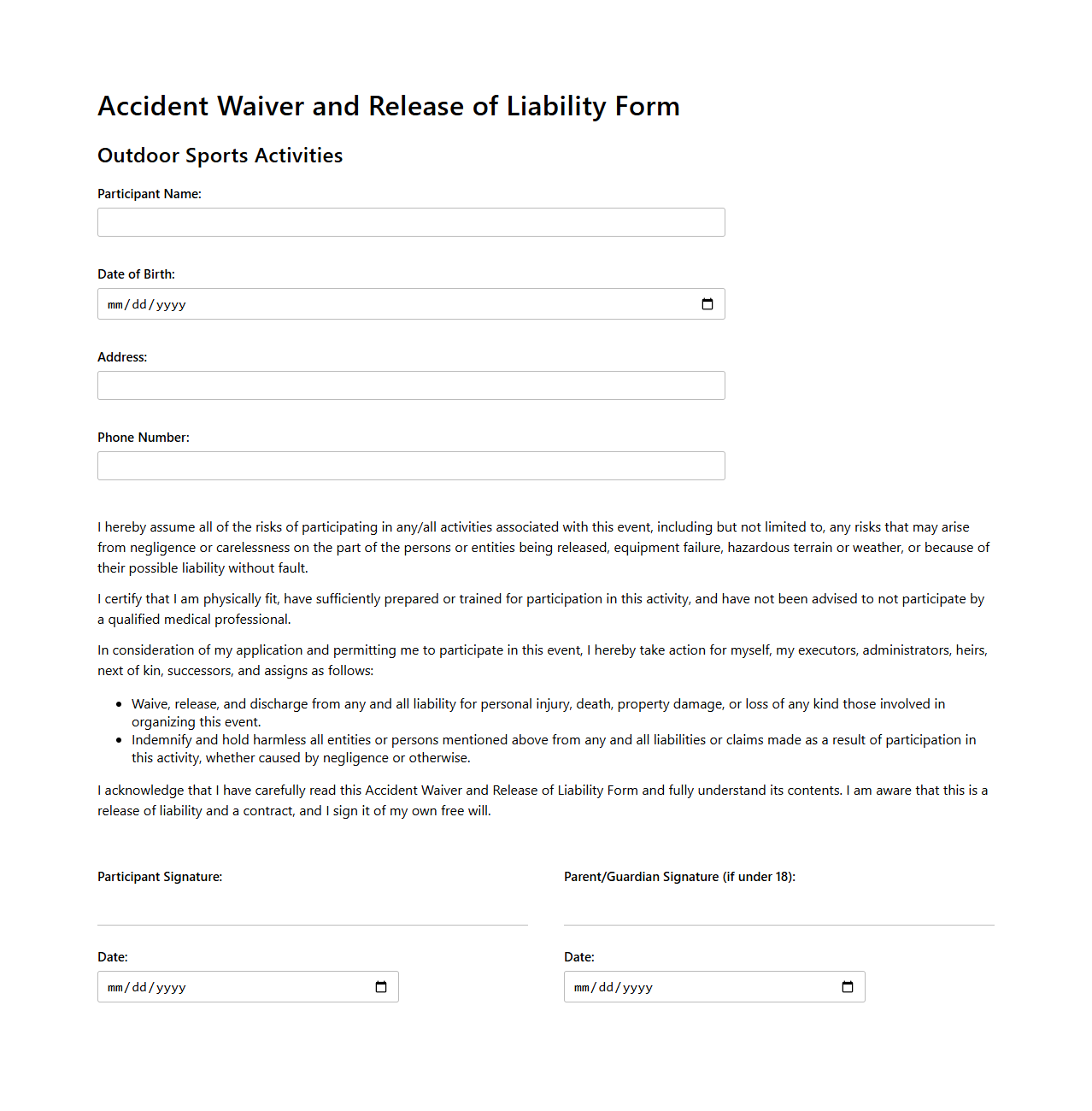 Accident Waiver Form for Outdoor Sports Activities