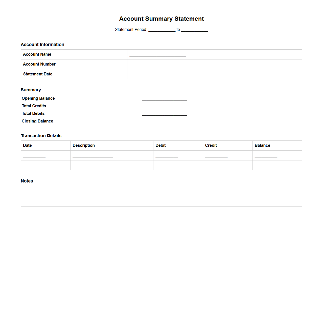 Account Summary Statement Sample Template