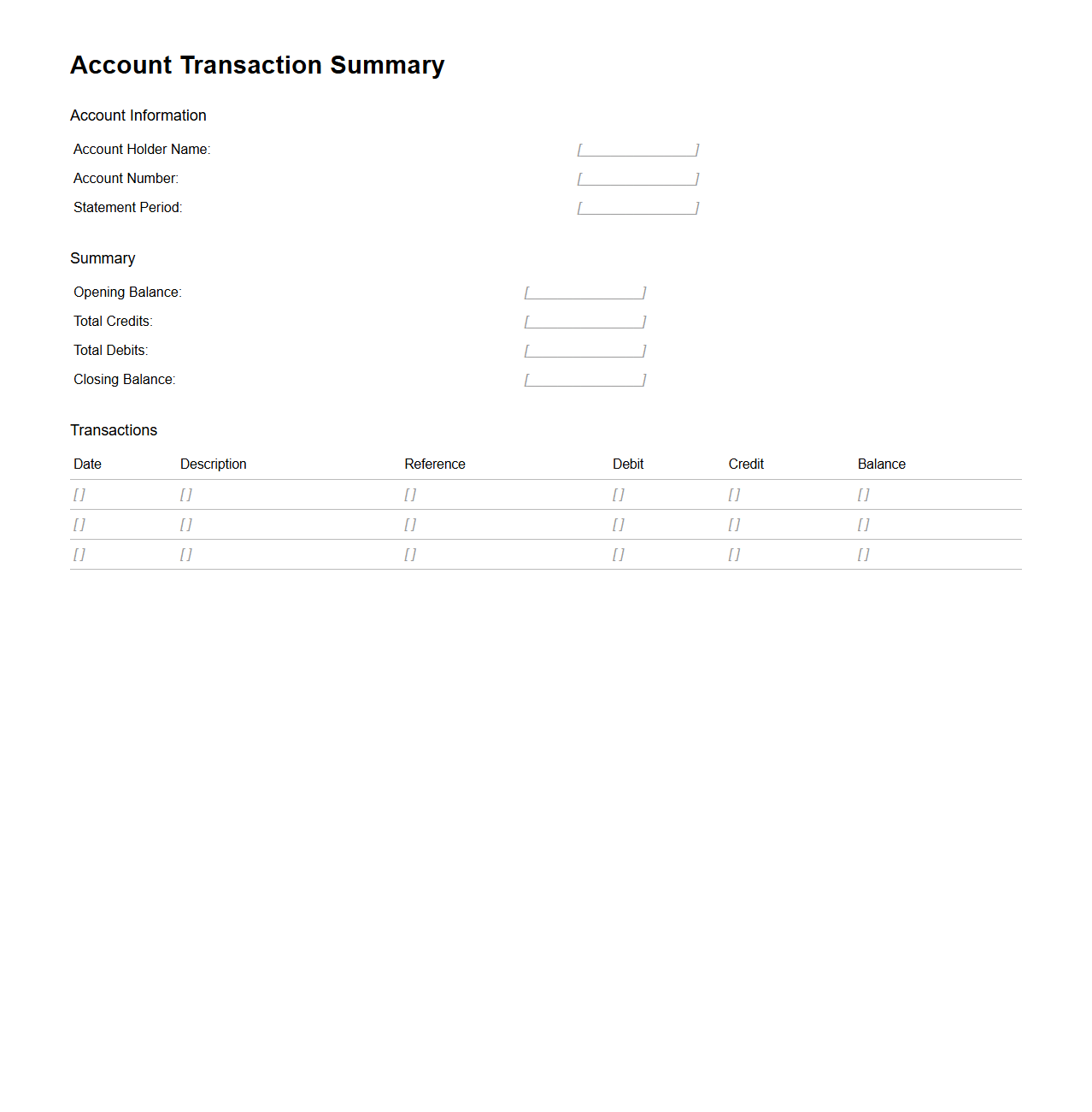 Account Transaction Summary Blank Document