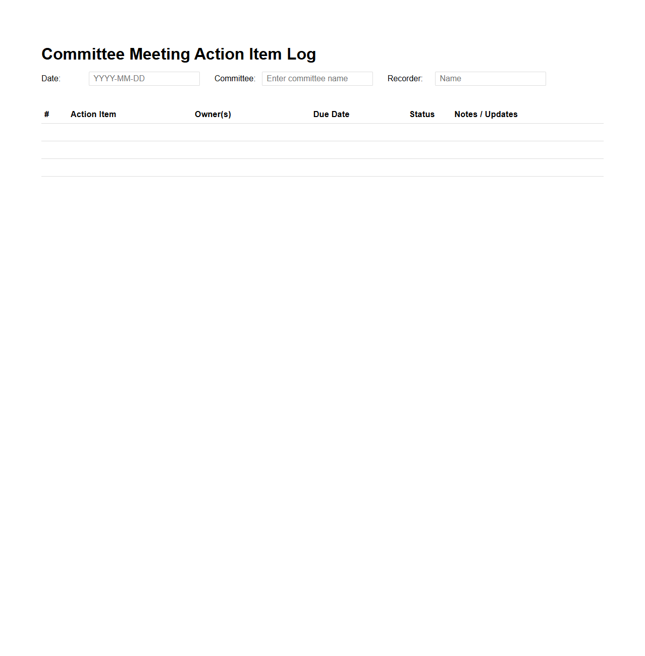 Action Item Log for Committee Meetings