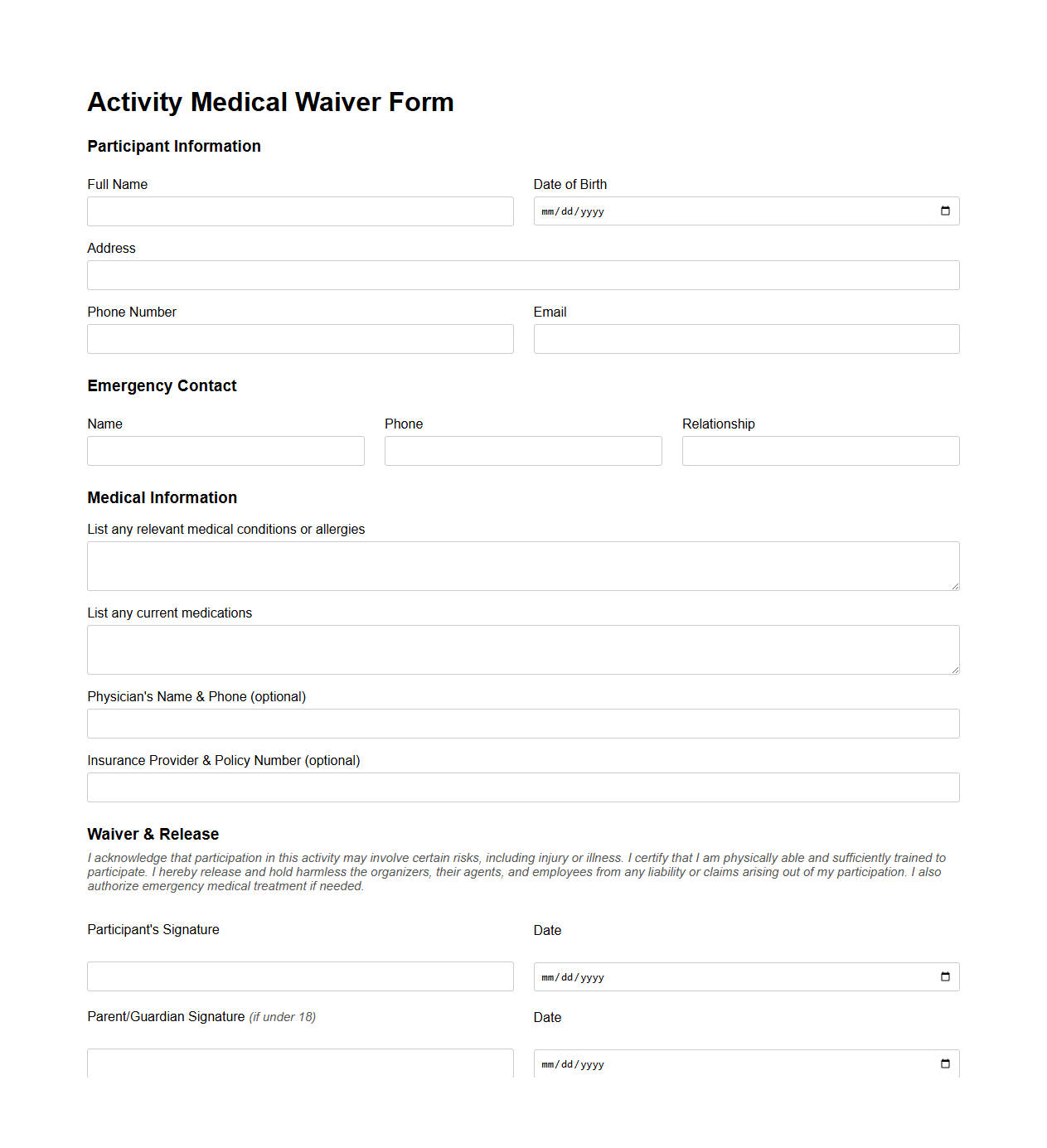 Activity Medical Waiver Form