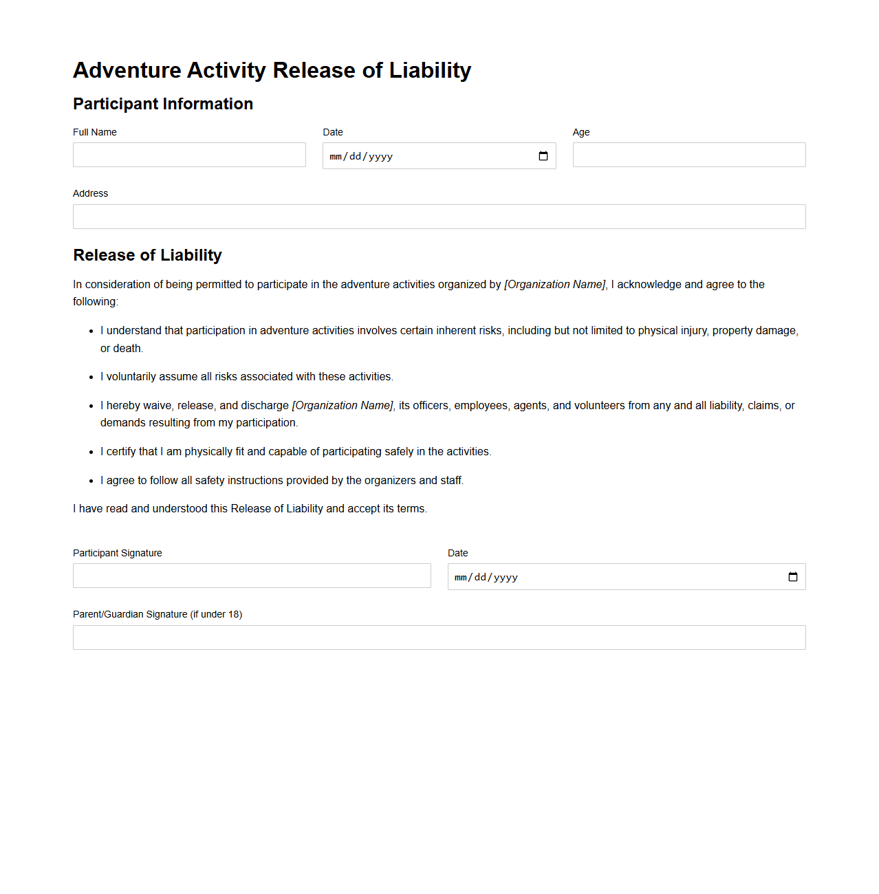 Adventure Activity Release of Liability Template