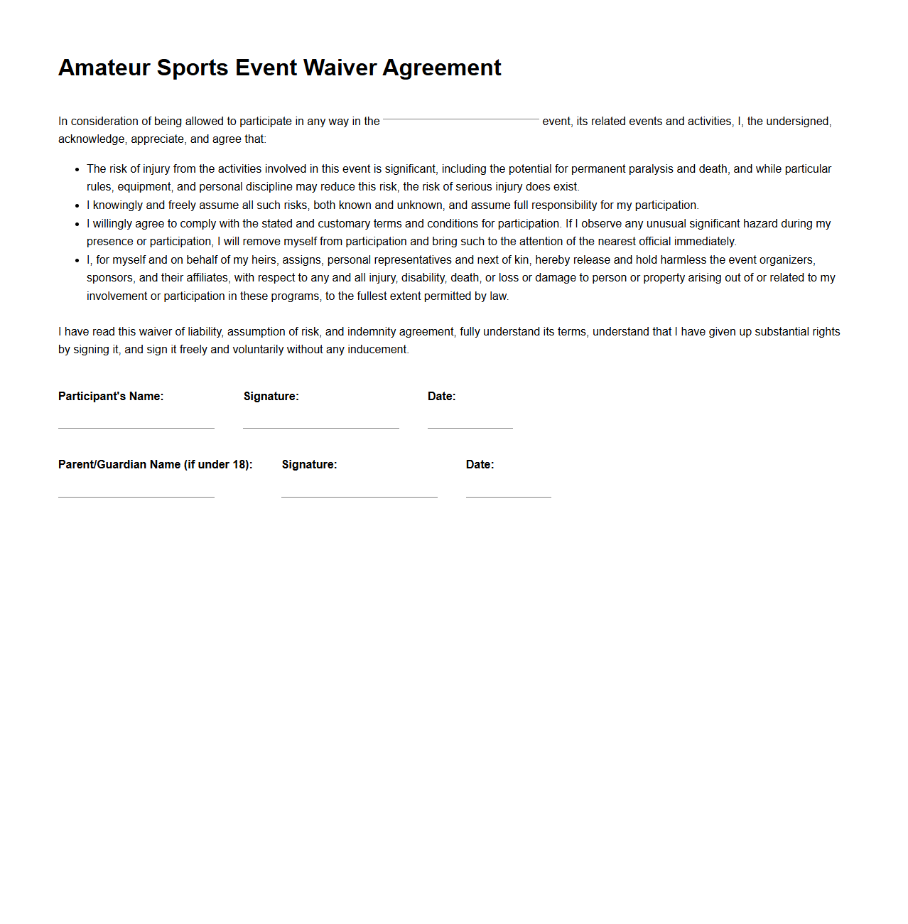 Amateur Sports Event Waiver Agreement
