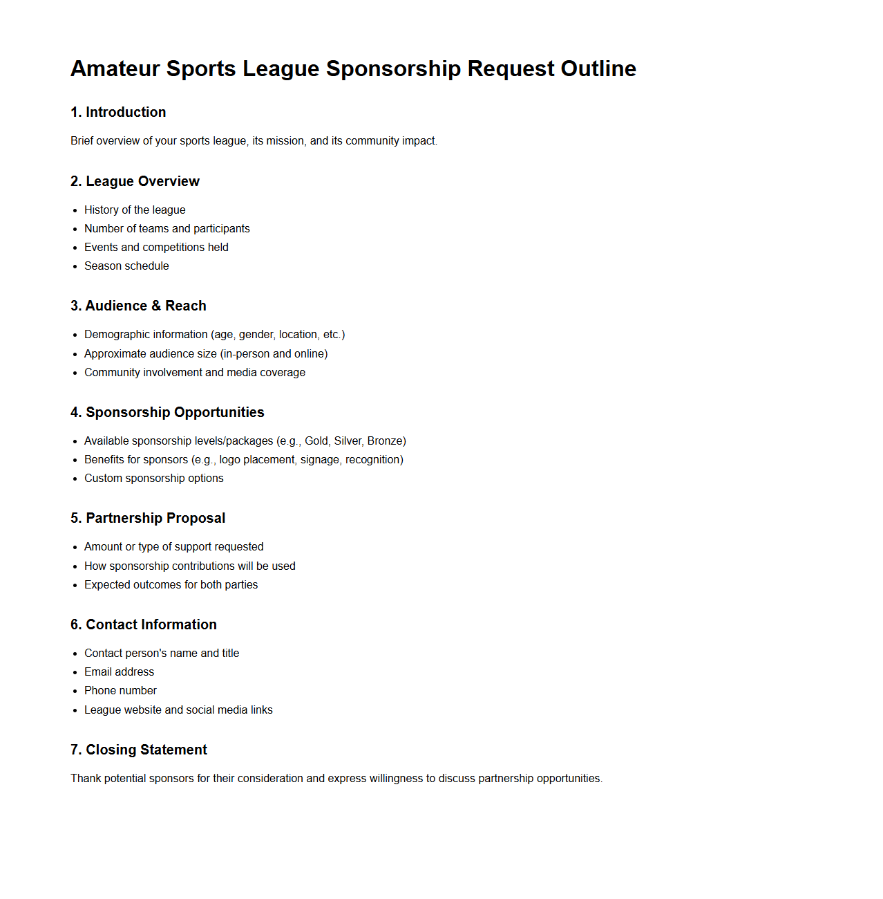 Amateur Sports League Sponsorship Request Outline