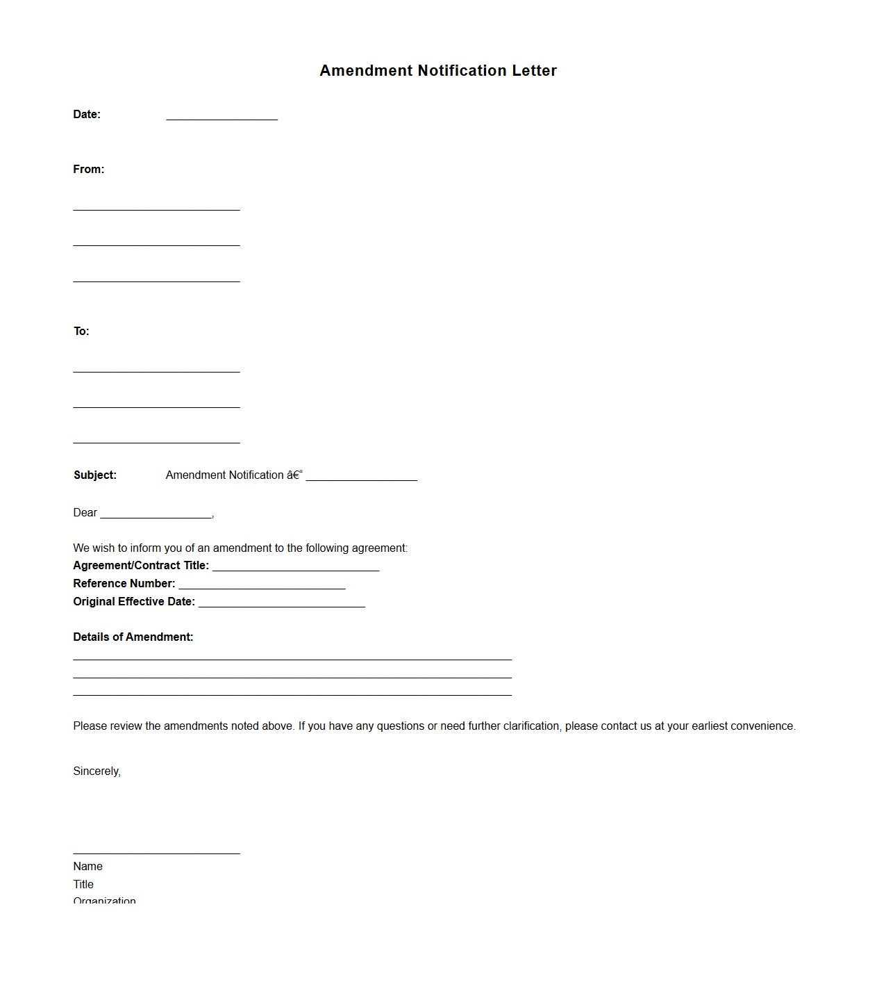 Amendment Notification Letter Shell