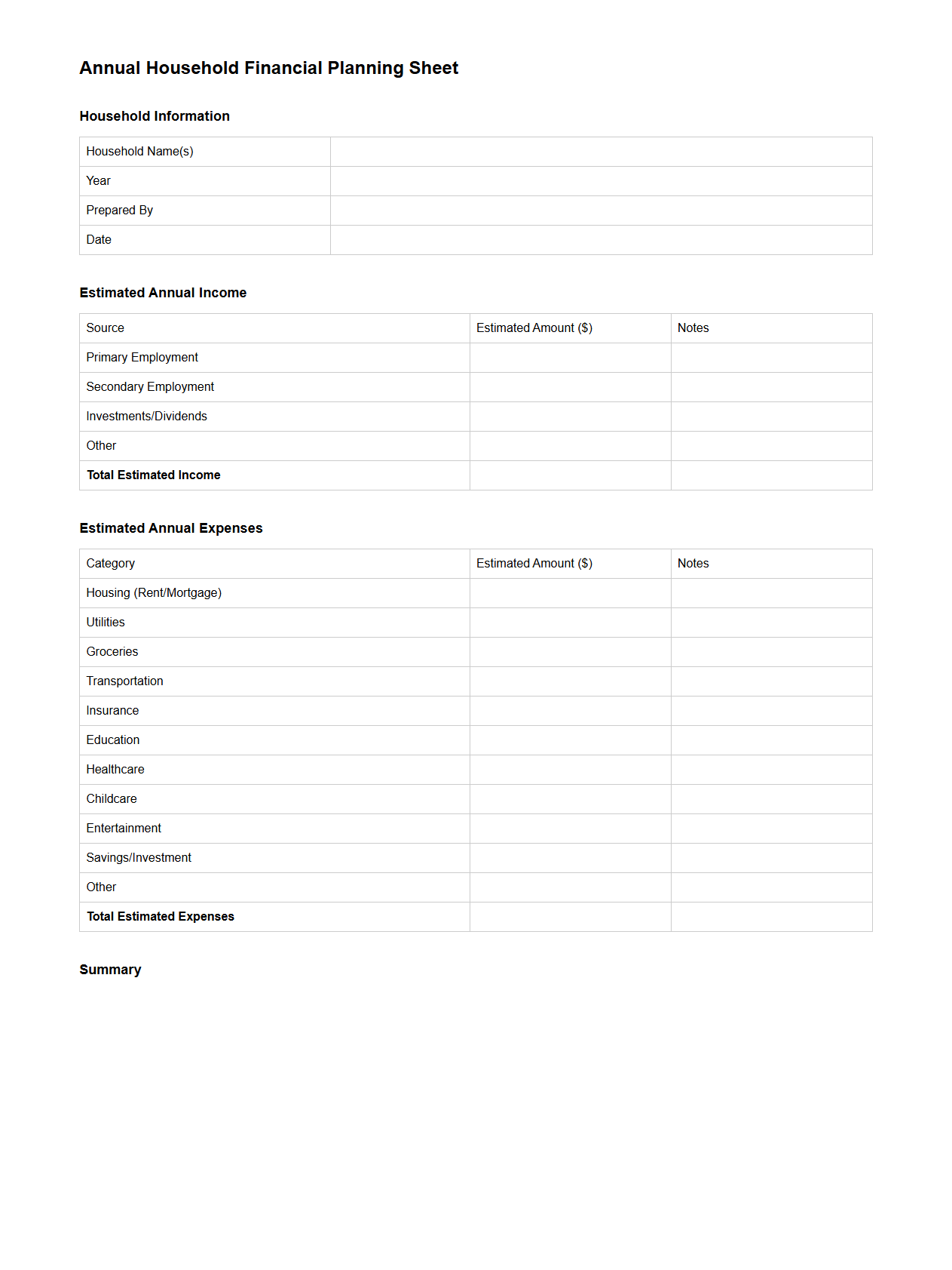 Annual Household Financial Planning Sheet