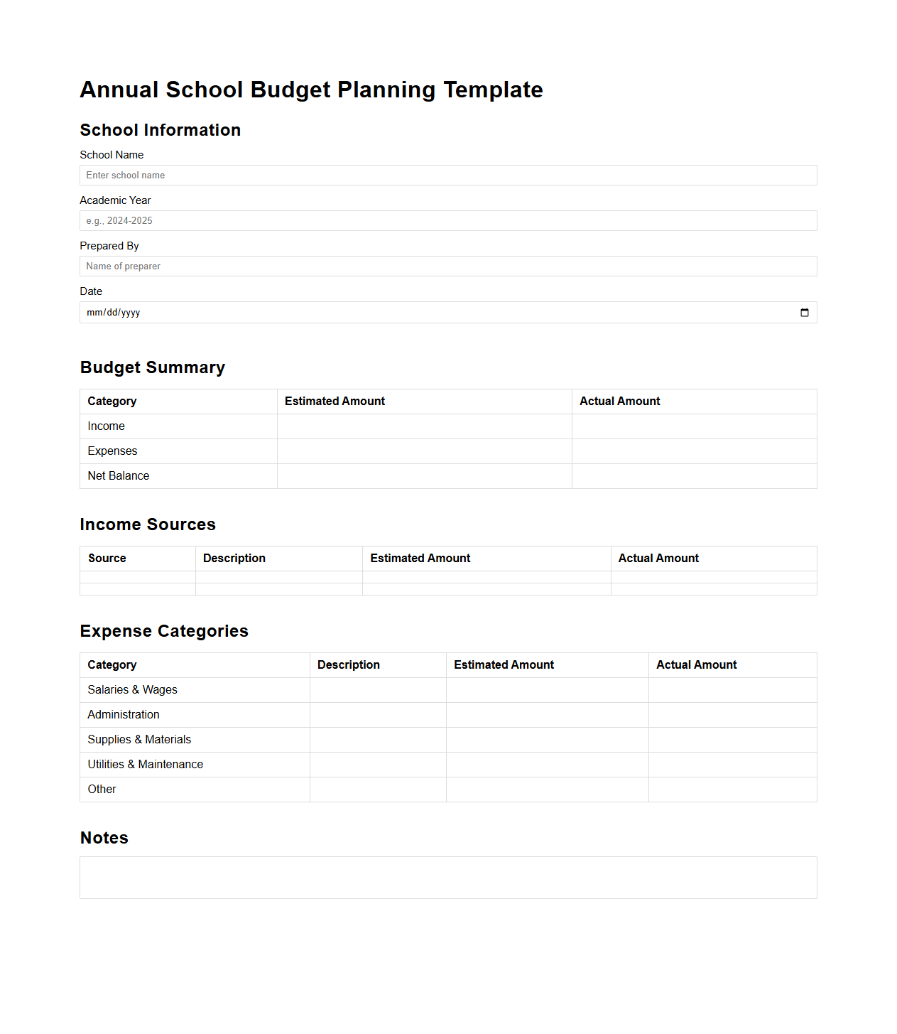 Annual School Budget Planning Template