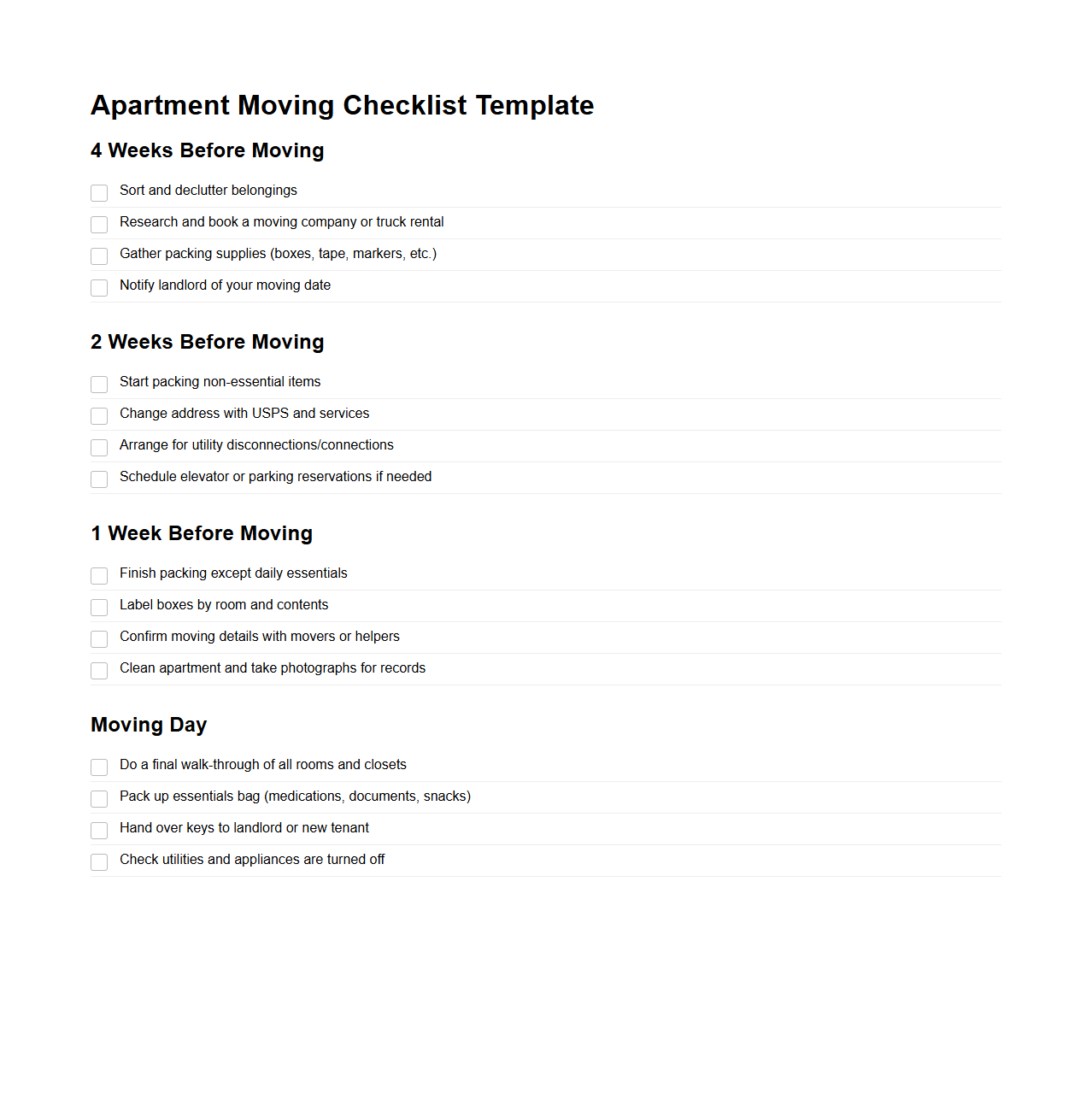 Apartment Moving Checklist Template for Efficient Packing