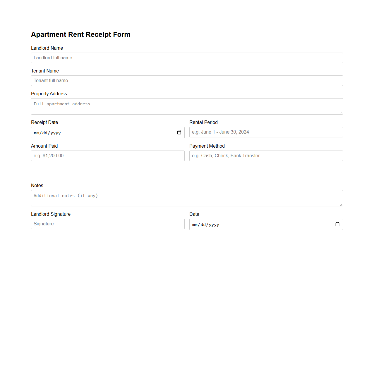 Apartment Rent Receipt Form for Landlords