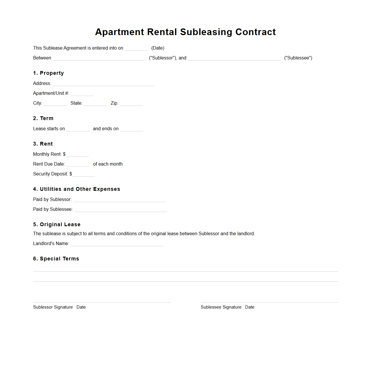 Apartment Rental Subleasing Blank Contract