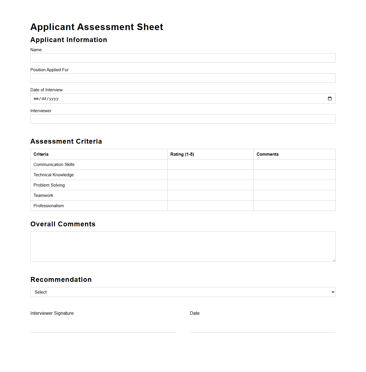 Applicant Assessment Sheet Template