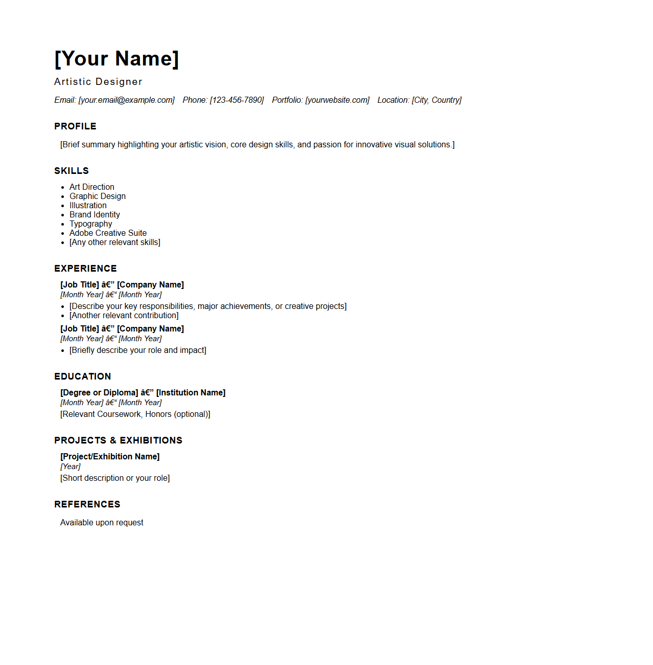 Artistic Designer Resume Outline Template