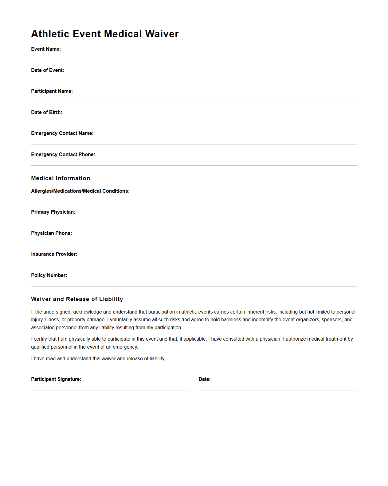 Athletic Event Medical Waiver Template