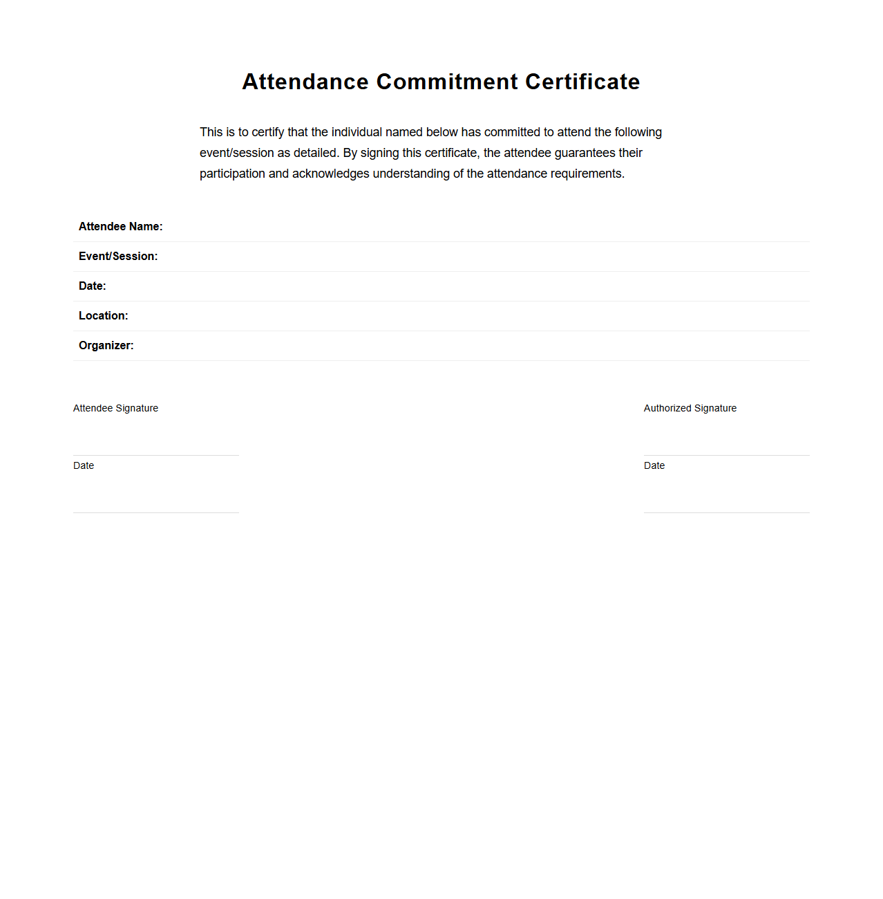 Attendance Commitment Certificate Template