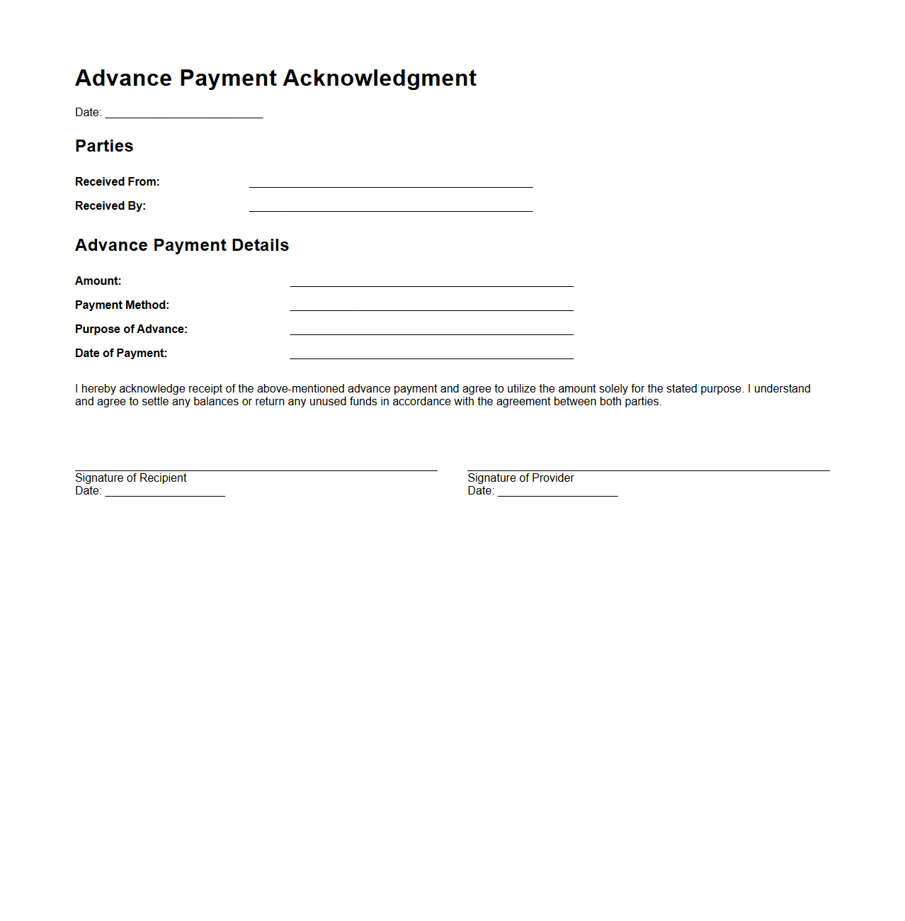 Basic Advance Payment Acknowledgment Template
