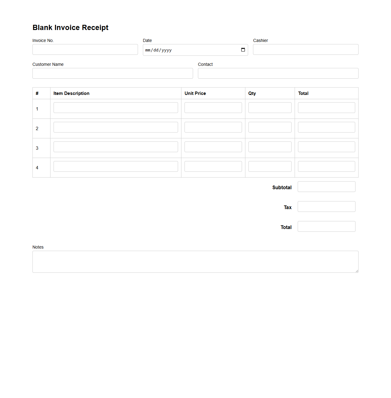 Basic Blank Invoice Receipt Form for Retail Sales