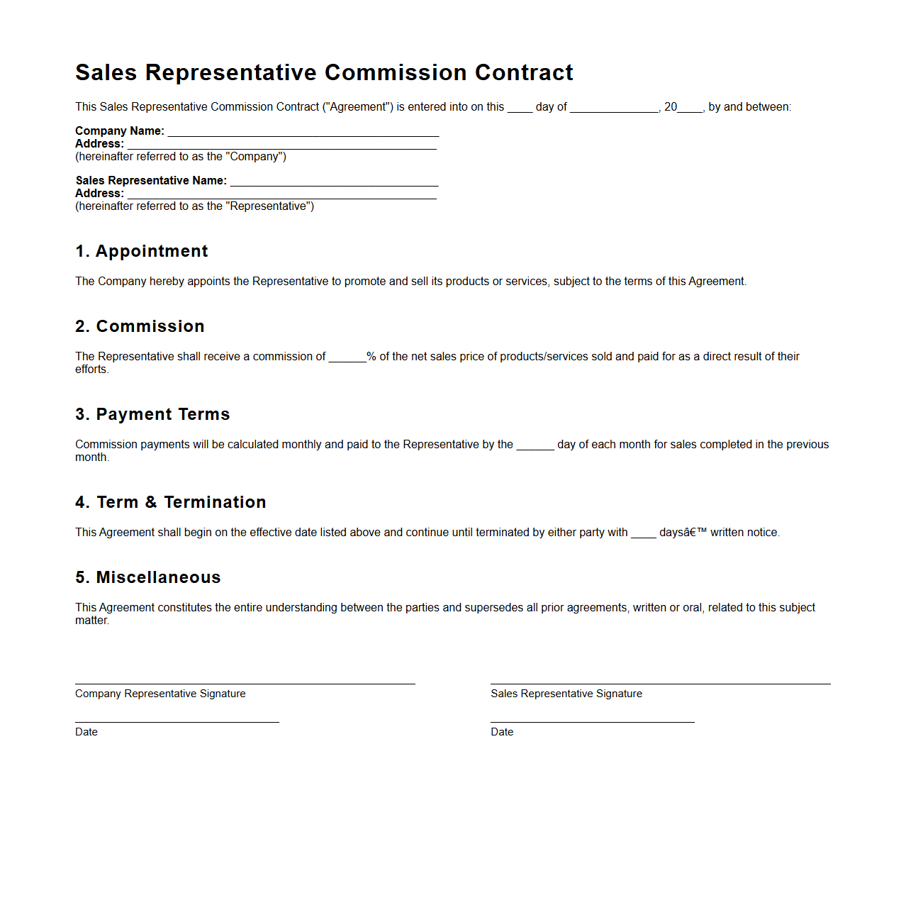 Basic Blank Sales Rep Commission Contract