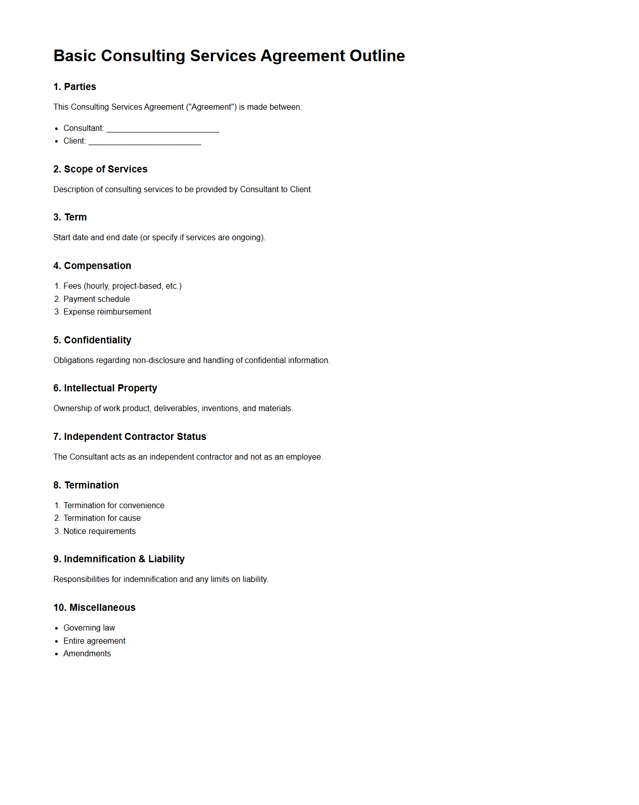 Basic Consulting Services Agreement Outline