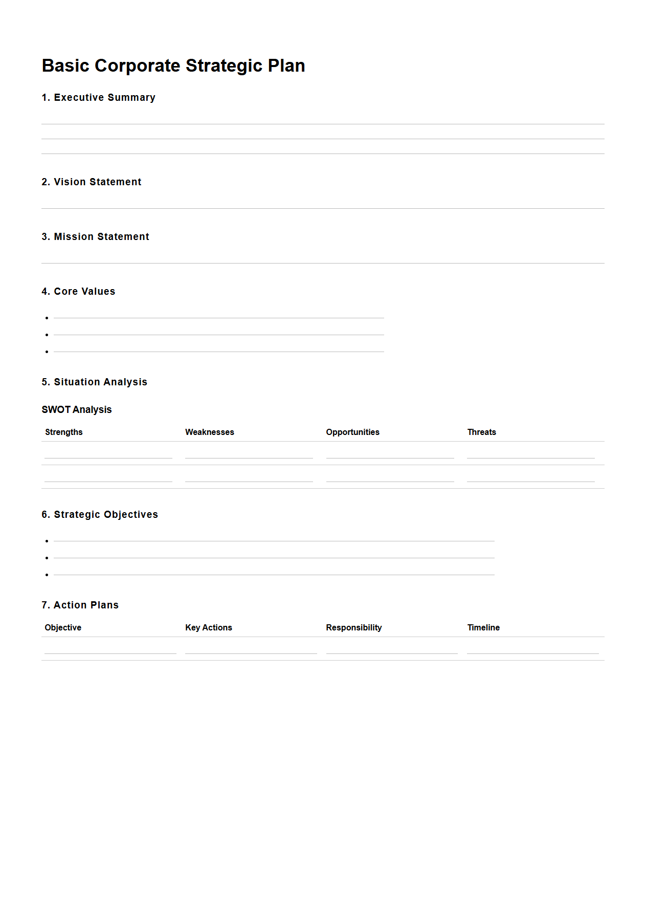 Basic Corporate Strategic Plan Template