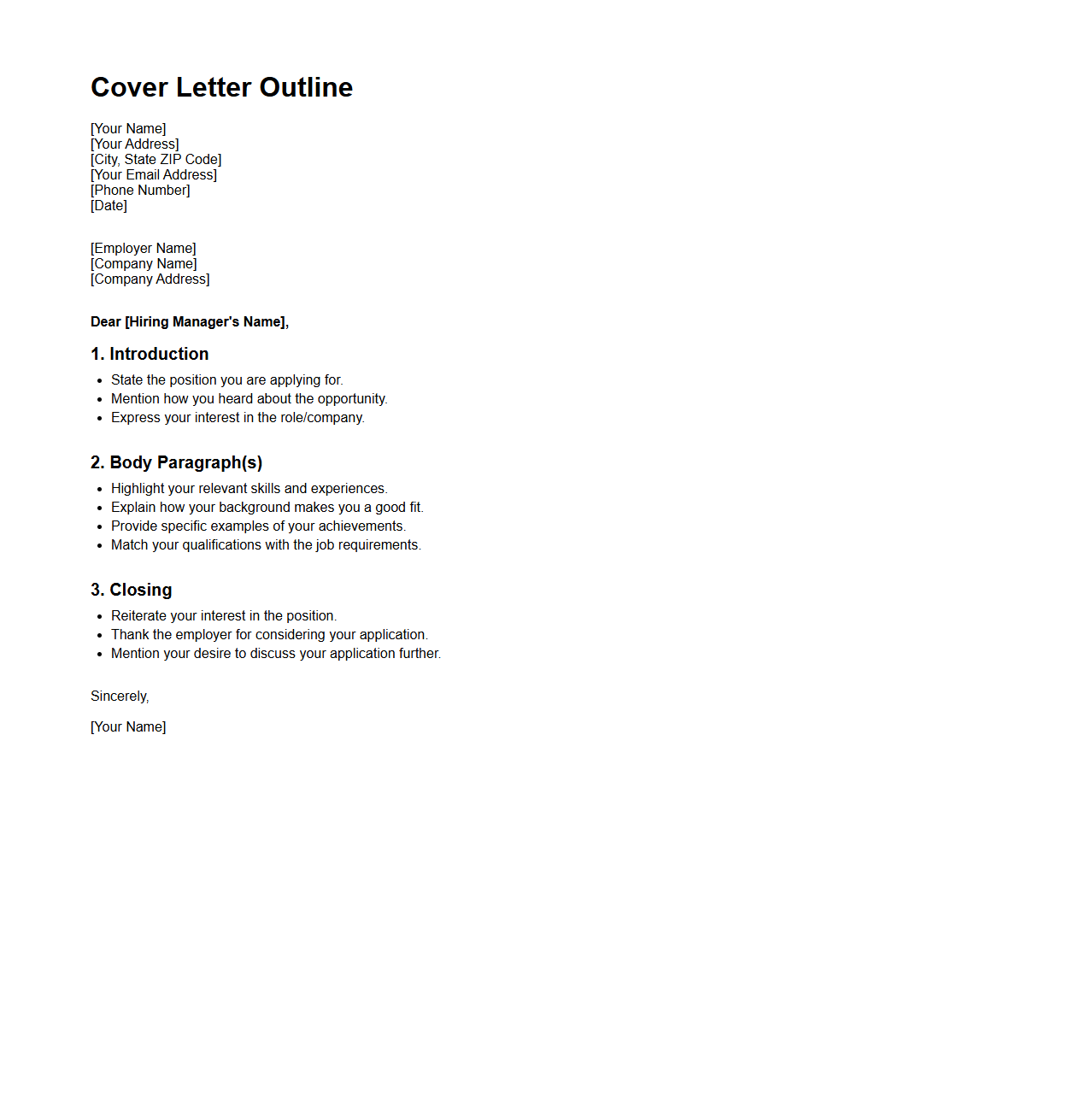 Basic Cover Letter Outline for Career Opportunities