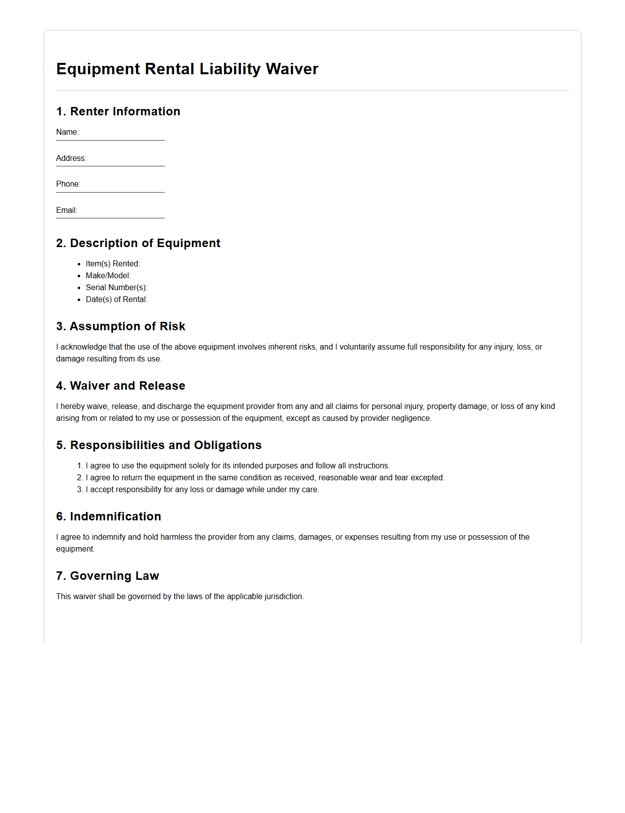 Basic Equipment Rental Liability Waiver Outline