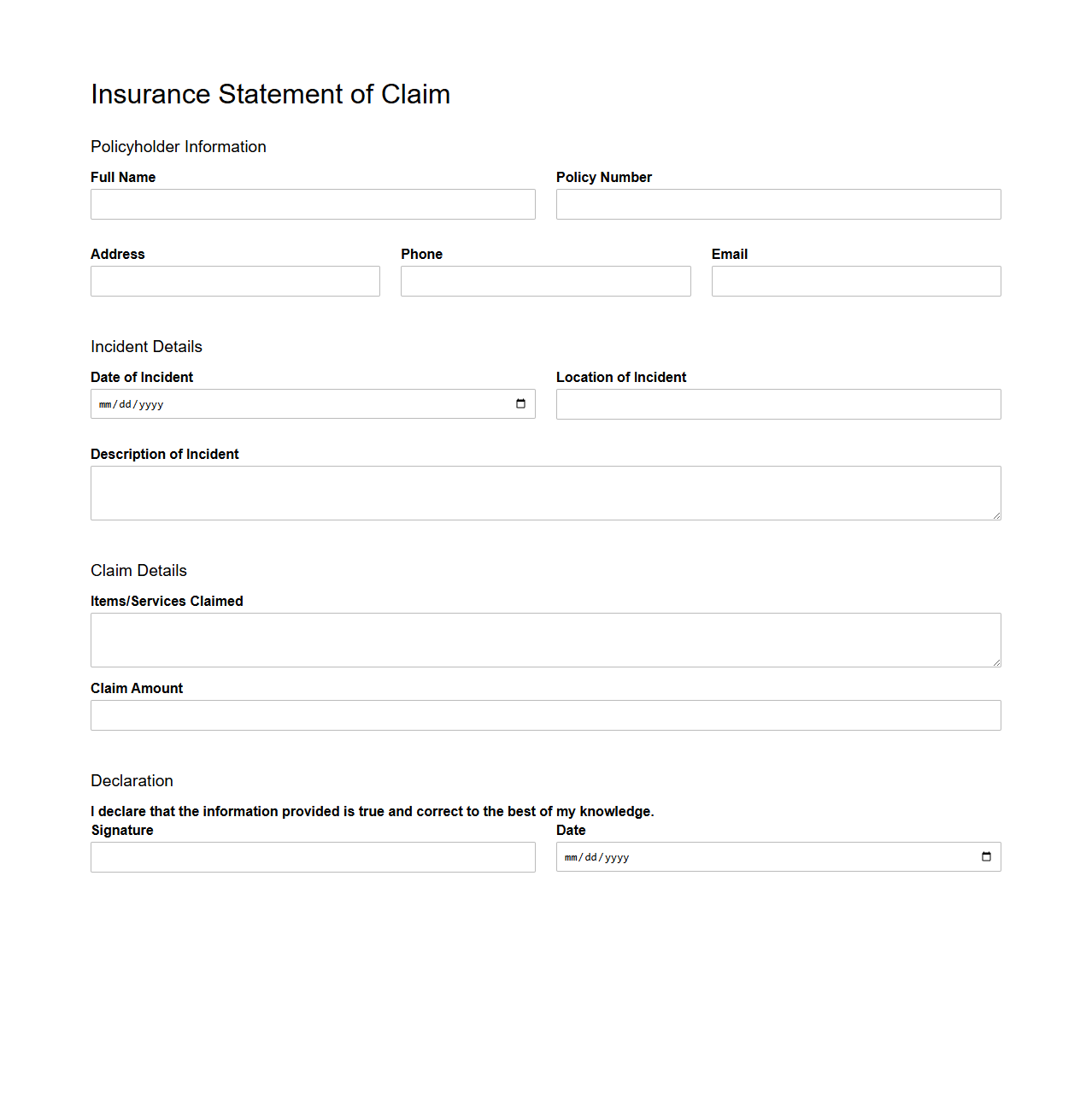 Basic Insurance Statement of Claim Template