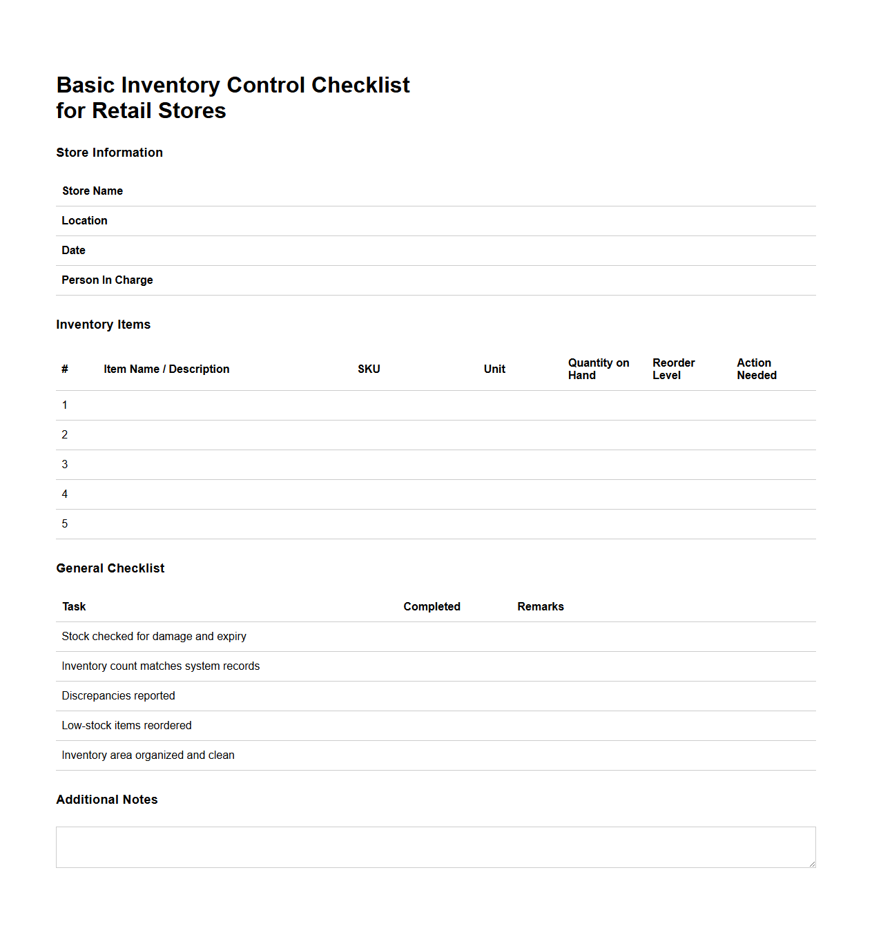 Basic Inventory Control Checklist Template for Retail Stores