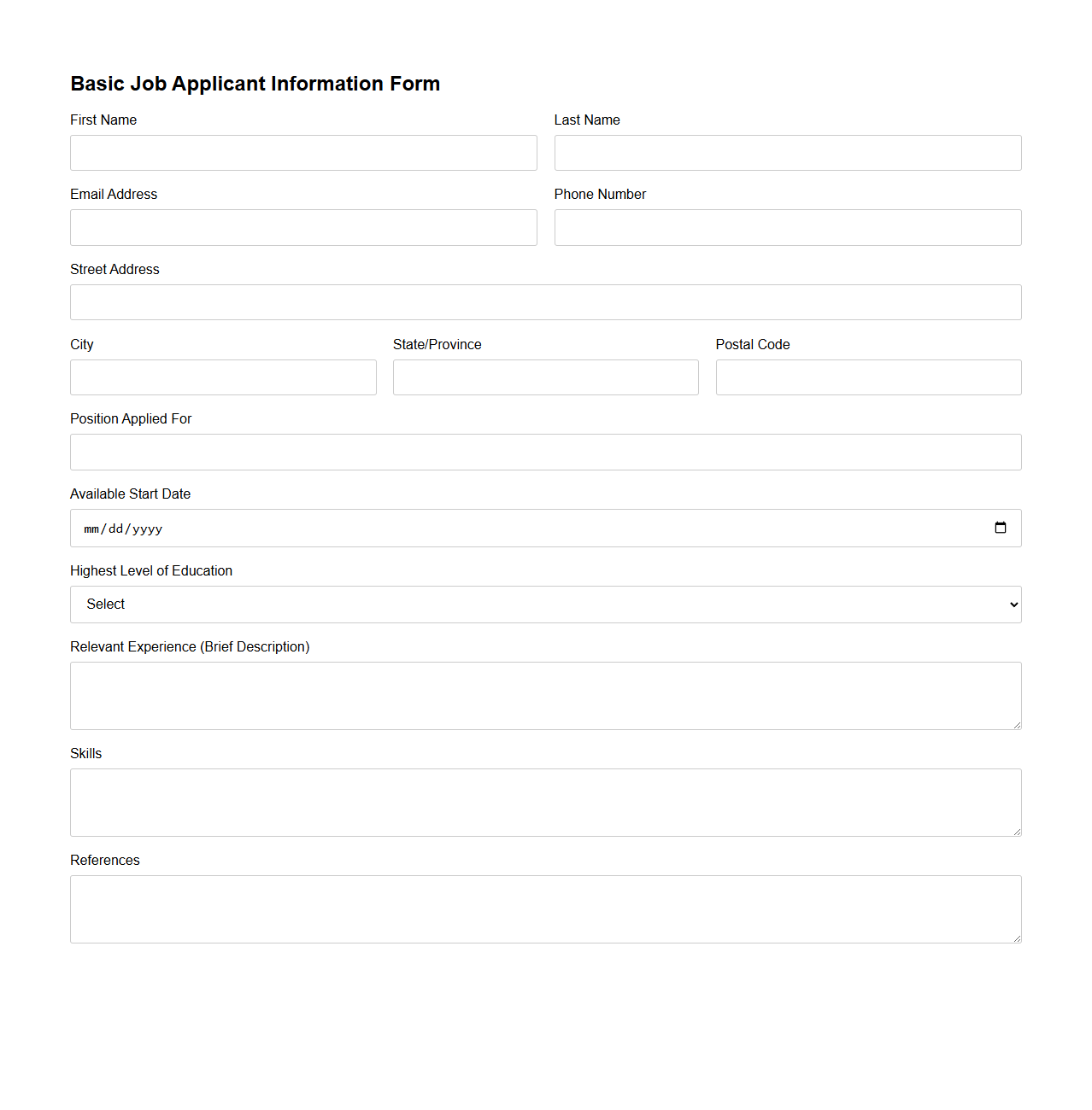 Basic Job Applicant Information Form