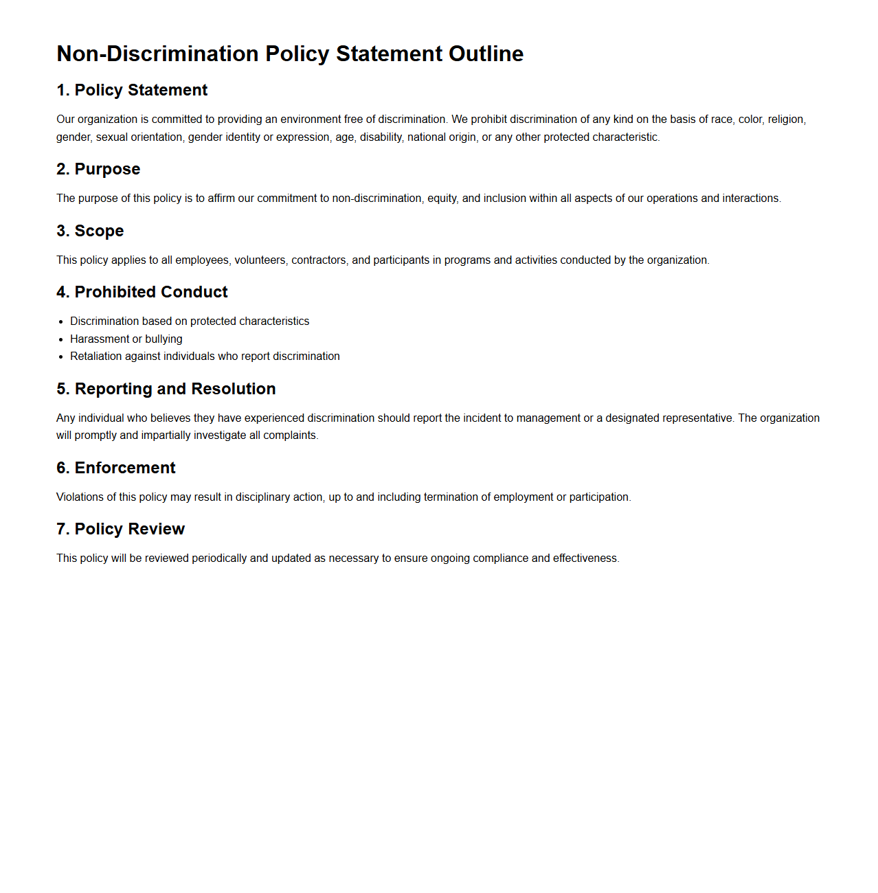 Basic Non-Discrimination Policy Statement Outline