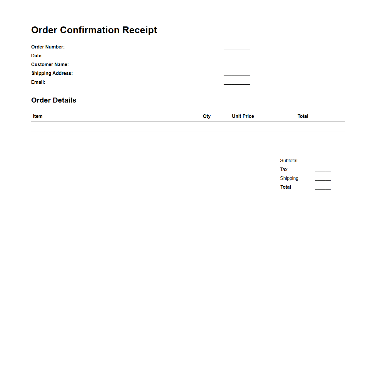 Basic Order Confirmation Receipt Template
