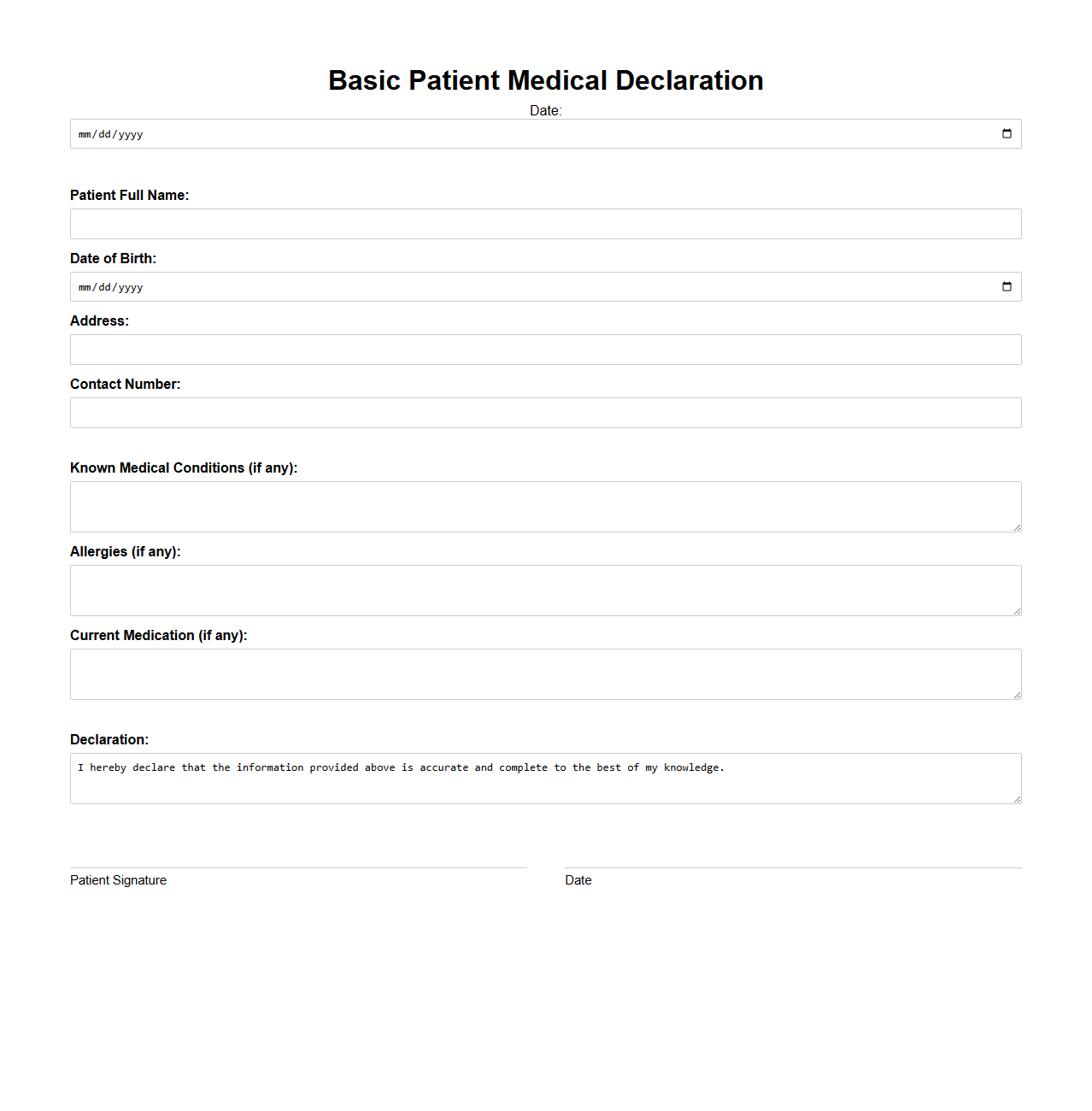 Basic Patient Medical Declaration Template