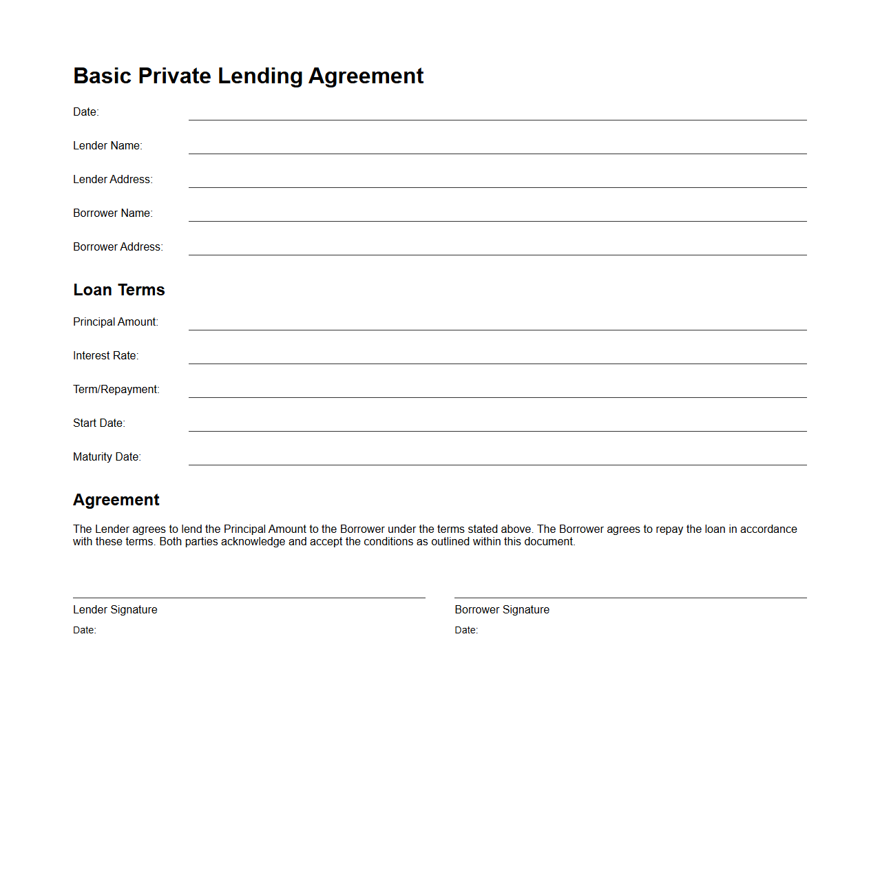Basic Private Lending Agreement Blank Document