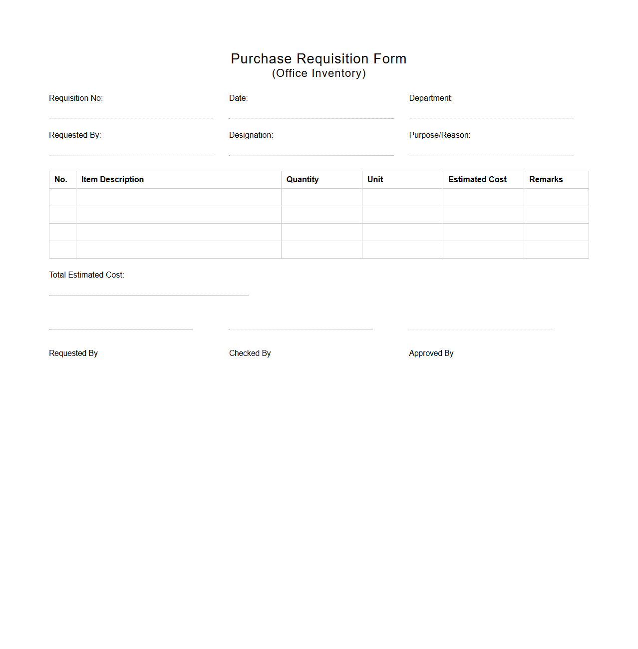 Basic Purchase Requisition Format for Office Inventory
