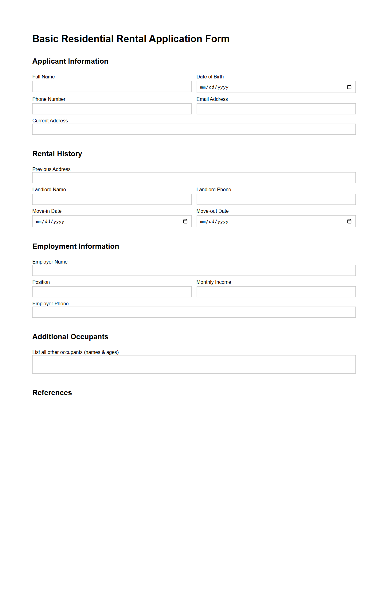 Basic Residential Rental Application Form