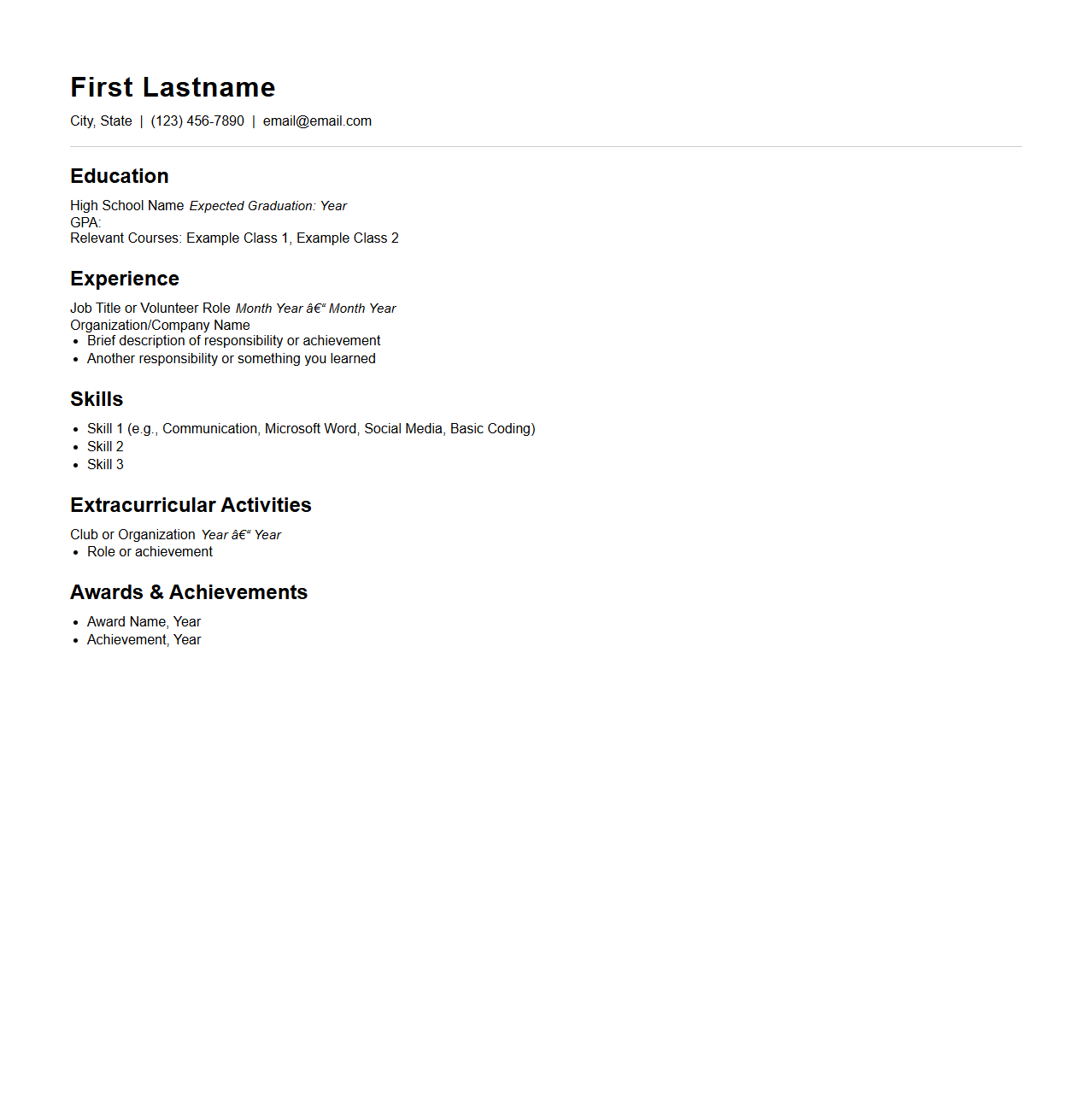 Basic Resume Framework for Teenagers