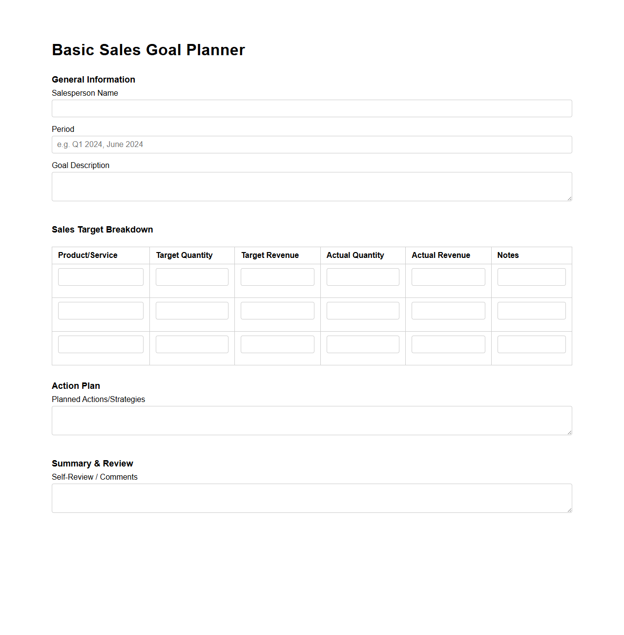 Basic Sales Goal Planner Document