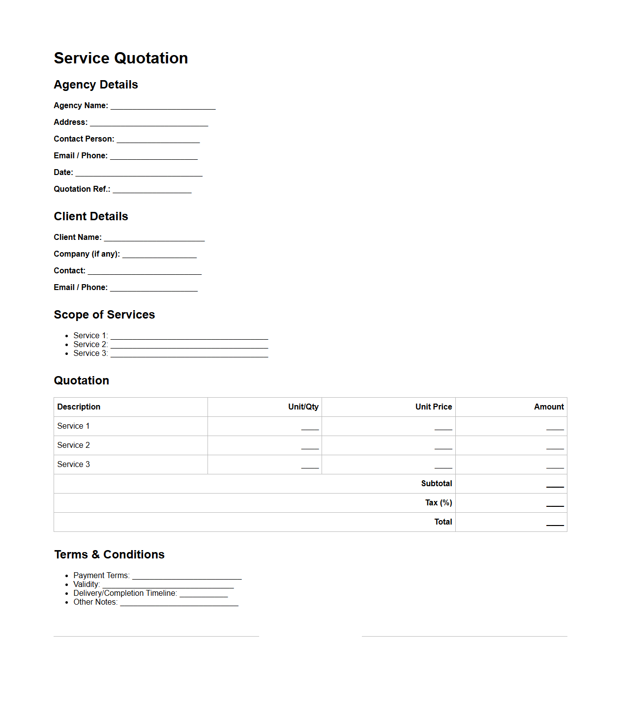 Basic Service Quotation Outline for Agencies