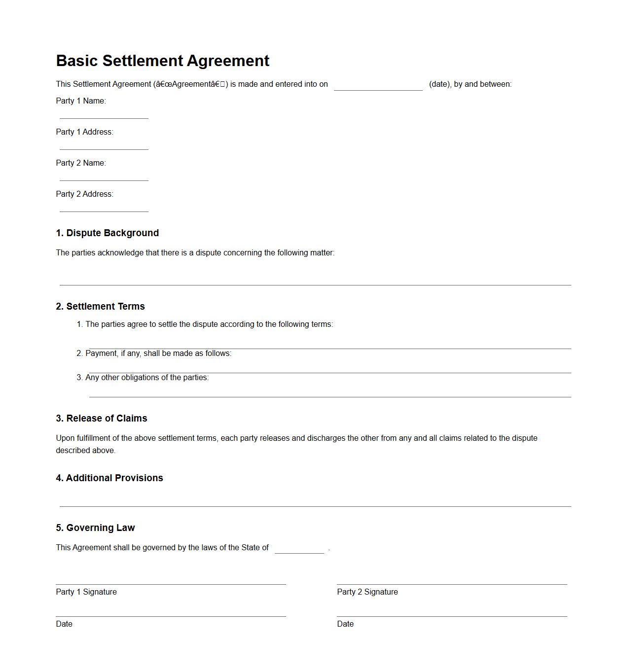Basic Settlement Agreement Form for Legal Dispute Resolution