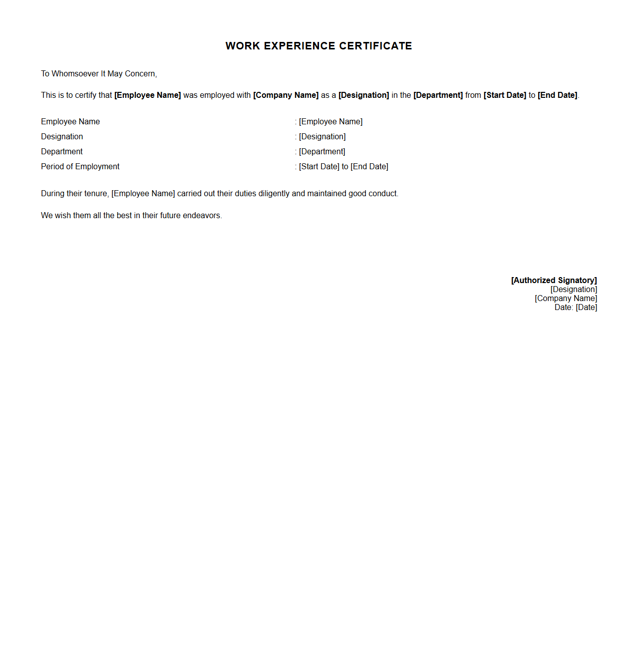 Basic Work Experience Certificate Format