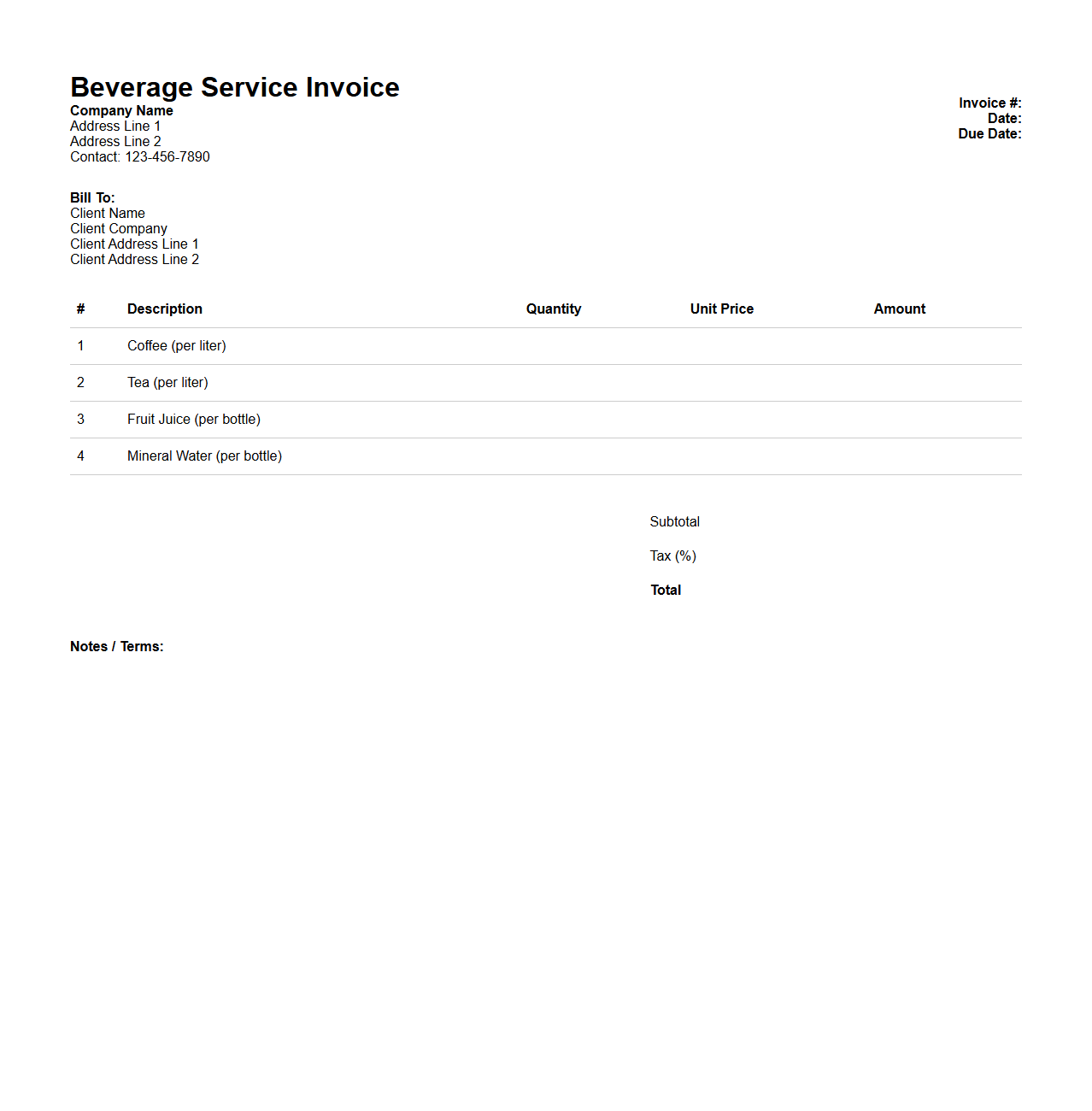 Beverage Service Invoice Format