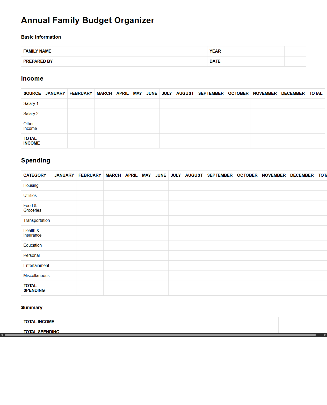 Blank Annual Family Budget Organizer for Income and Spending