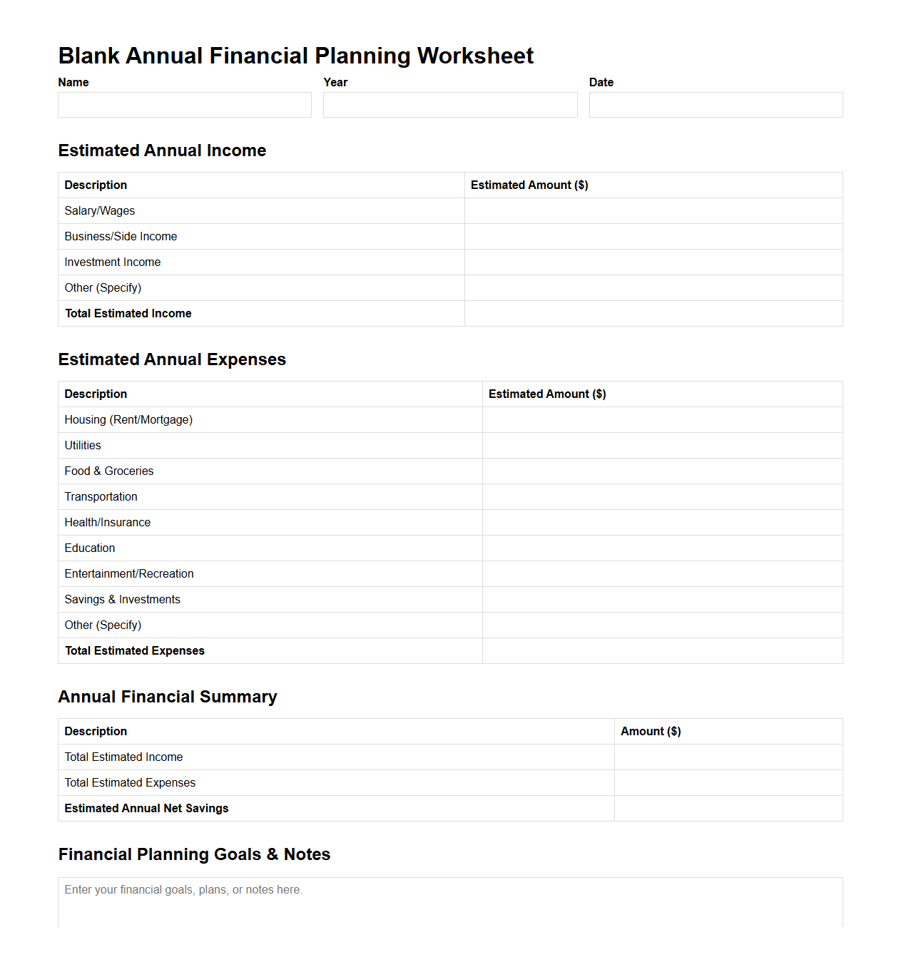 Blank Annual Financial Planning Worksheet